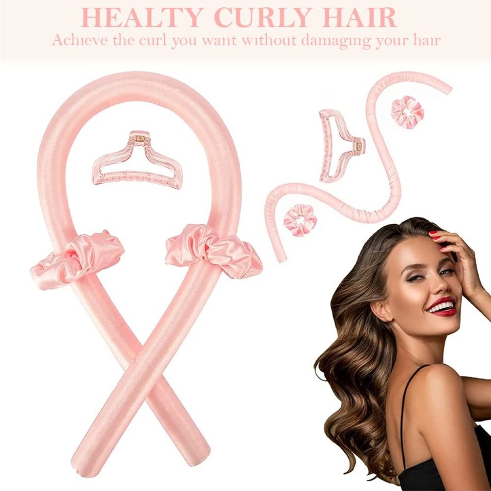 Pink Heatless Soft Rubber Hair Curlers Curling Rod Headband Ribbon Sleep
